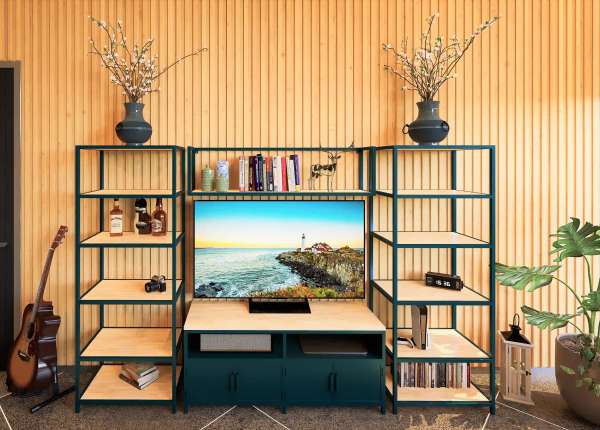 GRID FRAME - TV Wohnwand mit Eichenholz-Regalböden